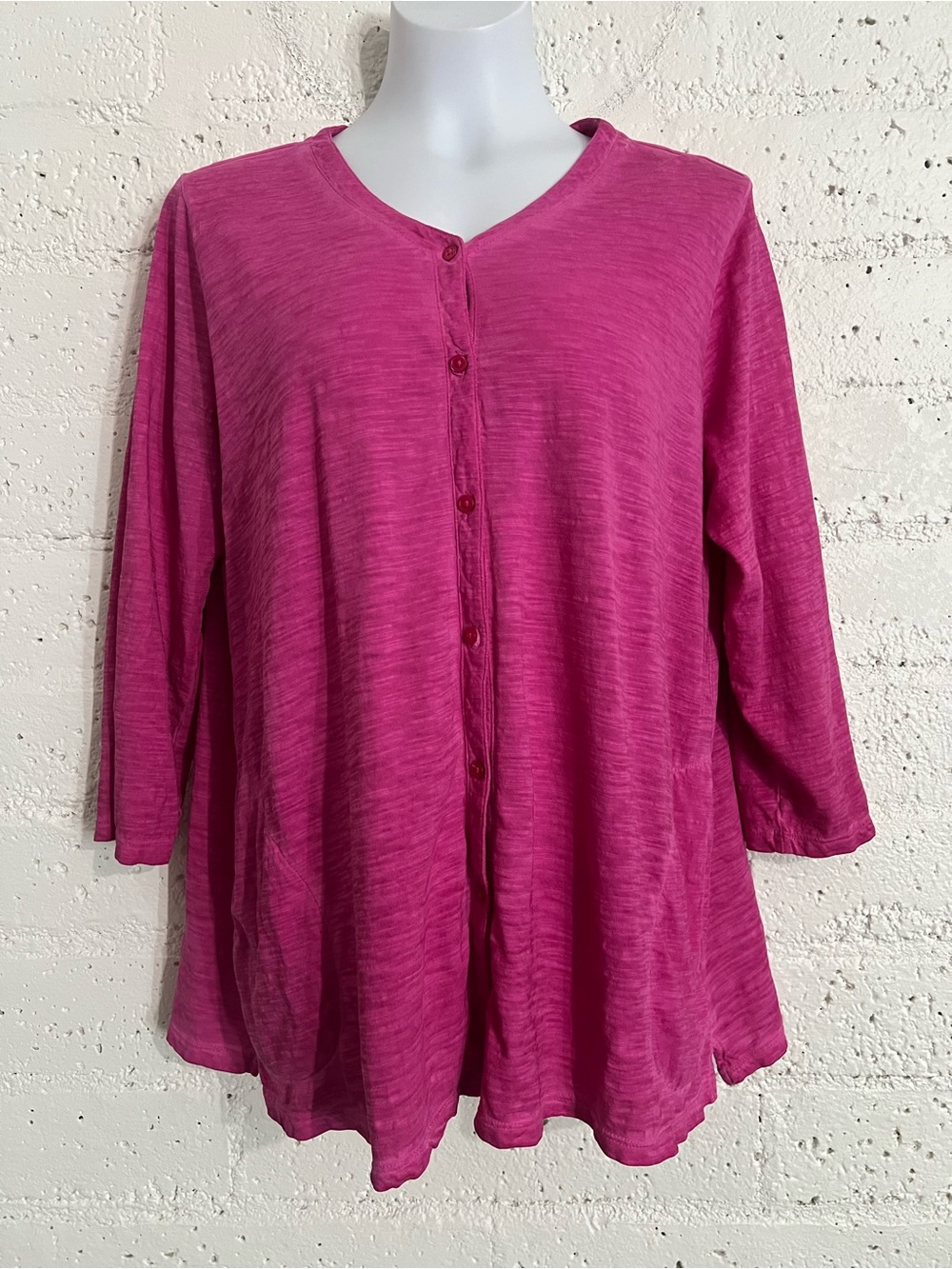 LOGO by Lori Goldstein Top M Pink Slub Knit 3/4 Sleeve Button Front Cotton A17